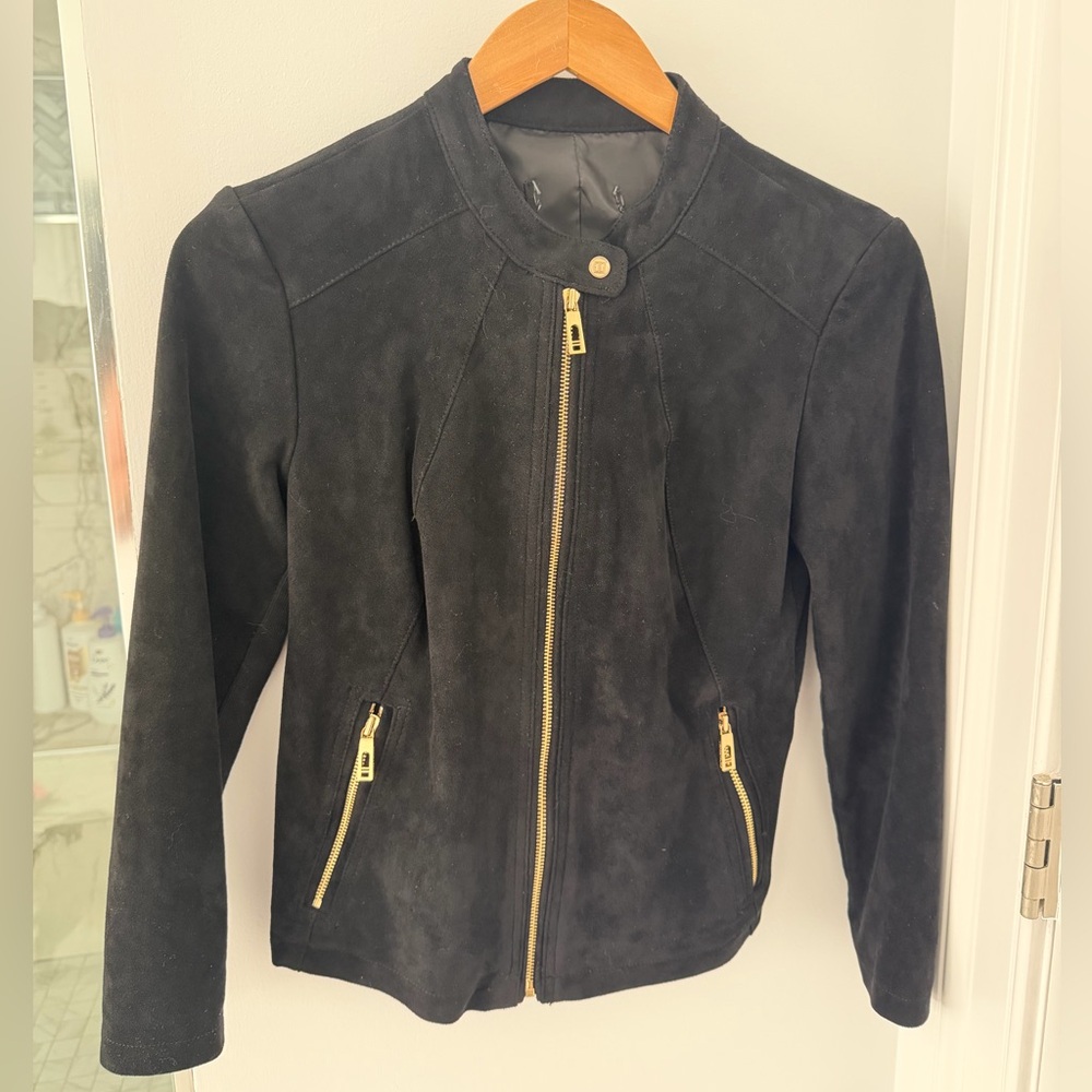Ivanka Trump Black Suede Zip Front Jacket with Gold Hardware